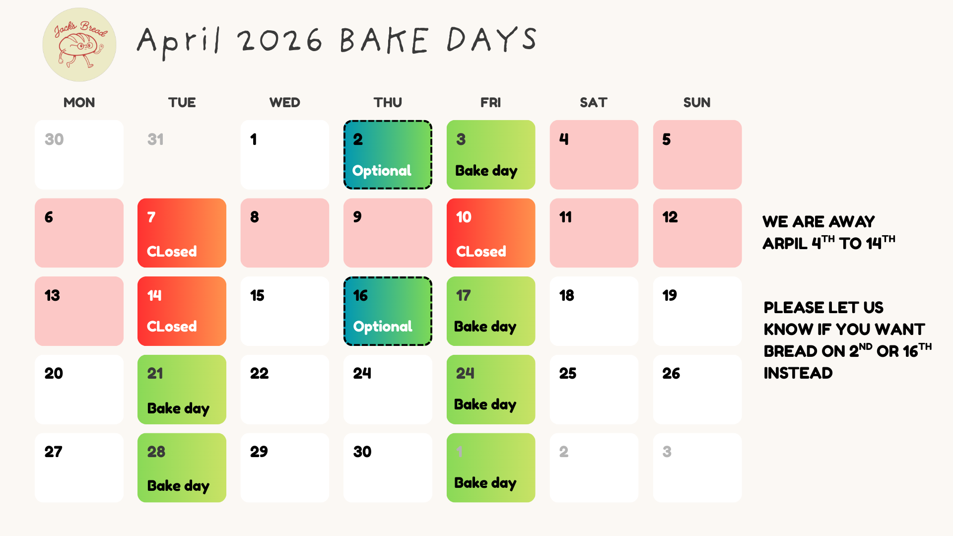 Easter 2026 Break & April Bake Dates